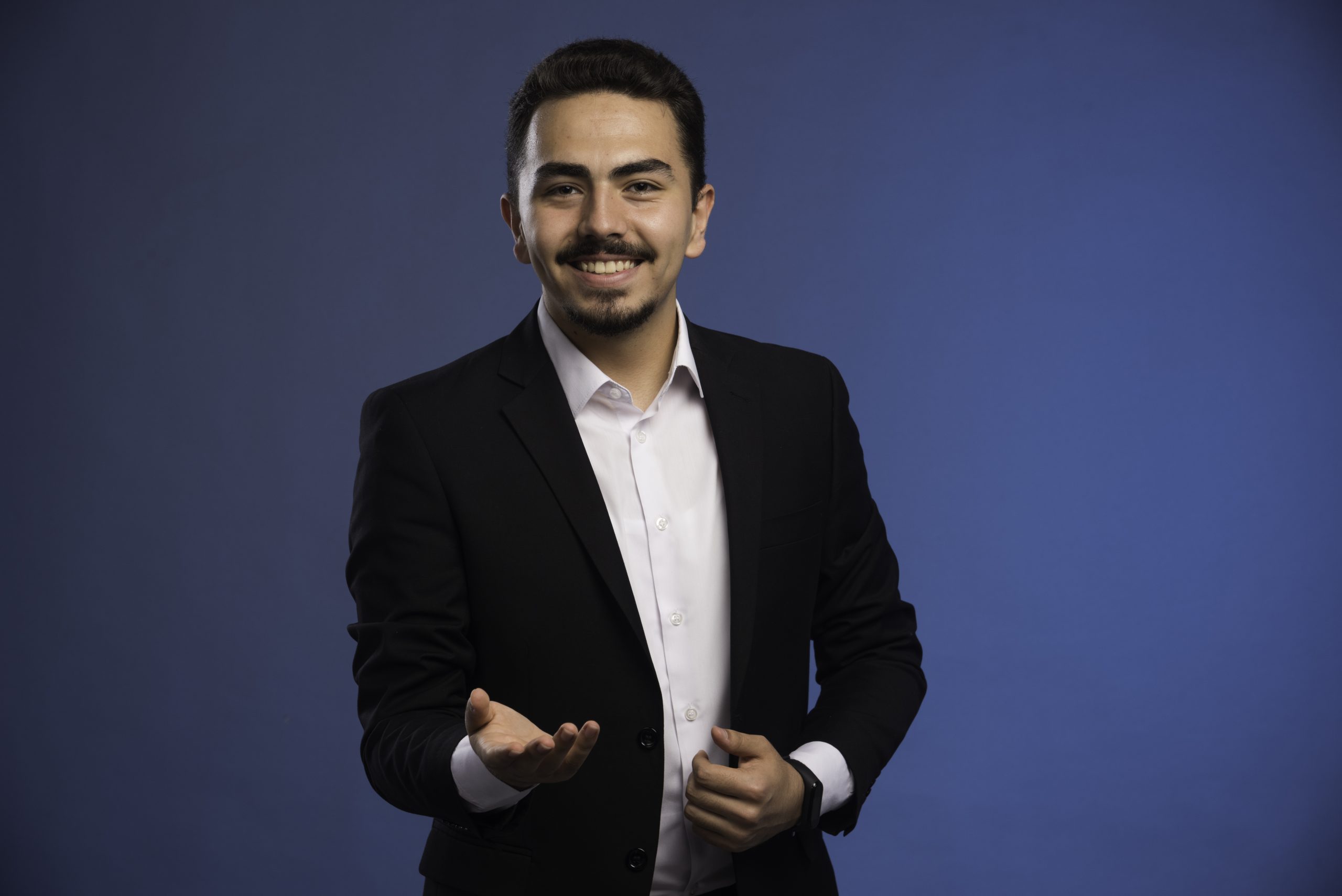 Businessman Black Suit Promoting Something Scaled